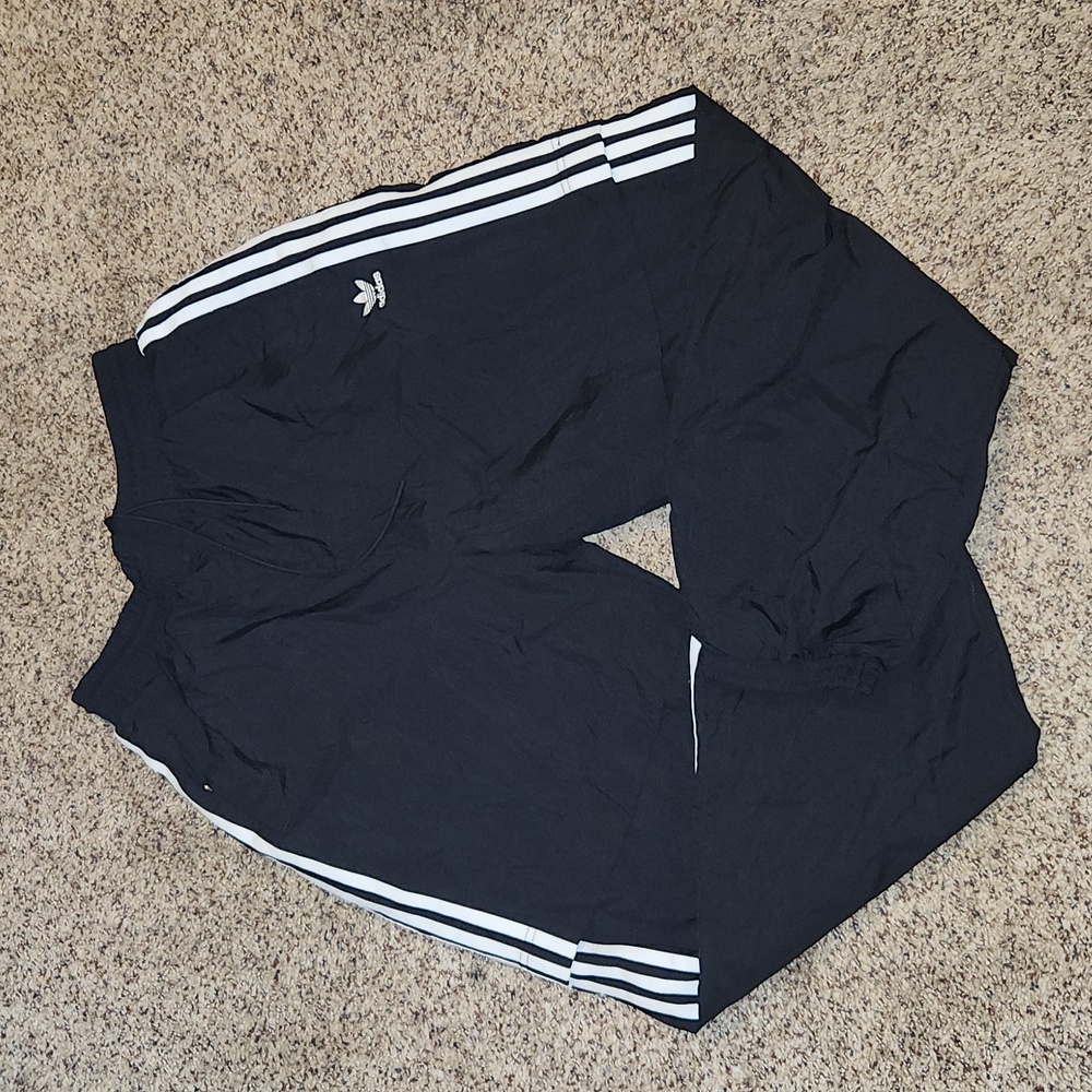 Adidas Primegreen windbreaker black joggers with white stripes. 90's retro
